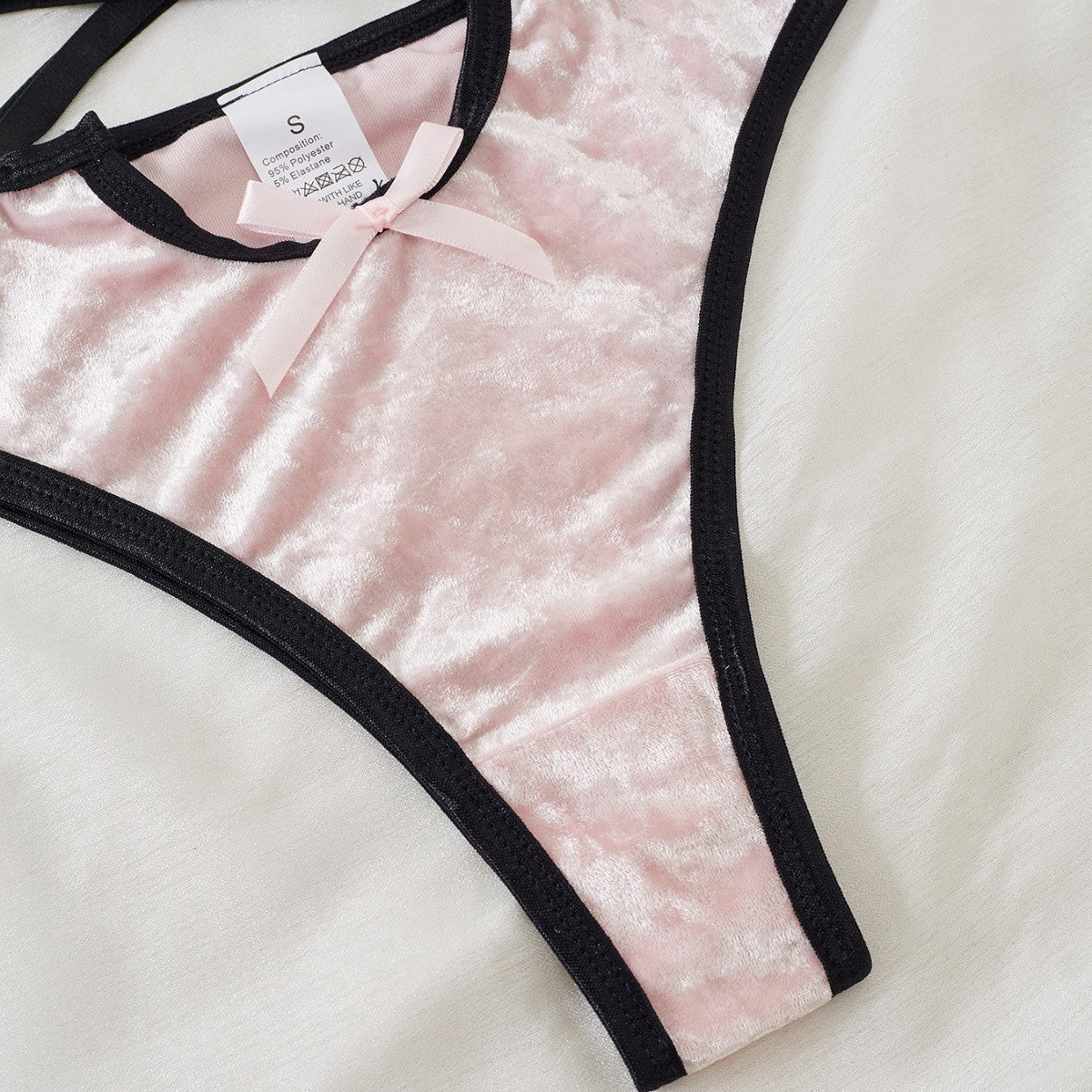 Image of Cross-border pink velvet contrast sweet and spicy cross belt erotic underwear cover sexy and comfortable wire-free three-point set